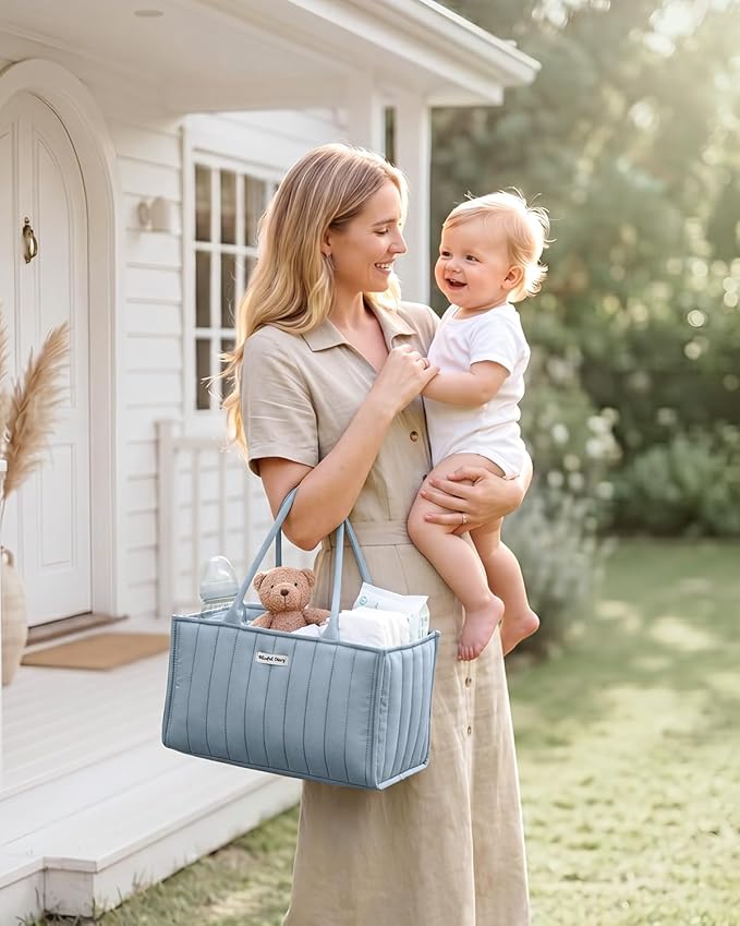 Blissful Diary Baby Diaper Caddy Organizer, Stylish Storage Basket for Newborn Essentials and Diaper Station, Gift for Baby Shower and Registry Must-Have, Dusty Blue