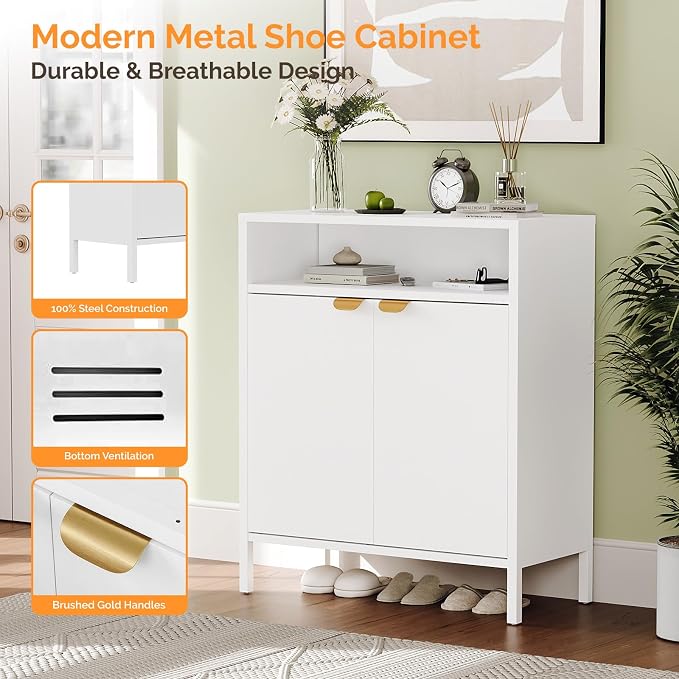 VINGLI Metal Shoe Cabinet, White Entryway Shoe Storage Cabinet with 2 Doors and Open Shelf, 31.5" Waterproof Metal Shoe Rack Organizer with Adjustable Shelves for Hallway, Entryway, Closet
