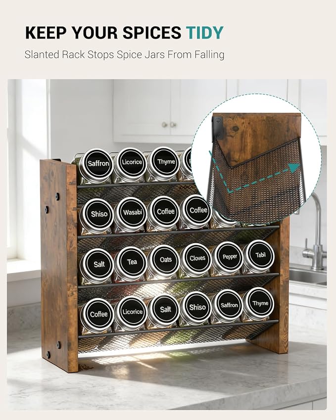 NESAPTO Spice Rack Organizer for Cabinet, Wood 4-Tier Vertical Seasoning Organizer, Wall Mount or Countertop Spice Shelf, Holds 24 Jars (No Jars Included), 12.2" W x 9.4" H