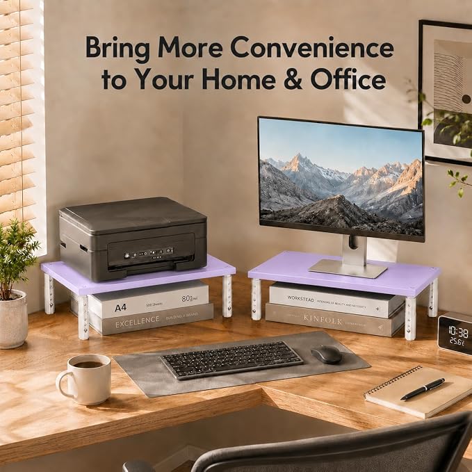 Desk Organizers and Accessories, Adjustable Computer Monitor Stand Riser, Laptop Stand, Office Desk Accessories & Workspace Organizers for Women, Purple Wood