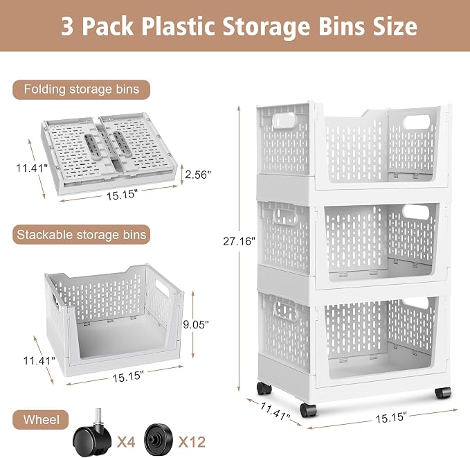 Stackable Storage Bins, Folding Collapsible Closet Organizers and Storage Bins Box, Plastic Shelves Drawer Organizer Container for Closet Office Bedroom Kitchen Bathroom with Wheels, White, 3 Pack