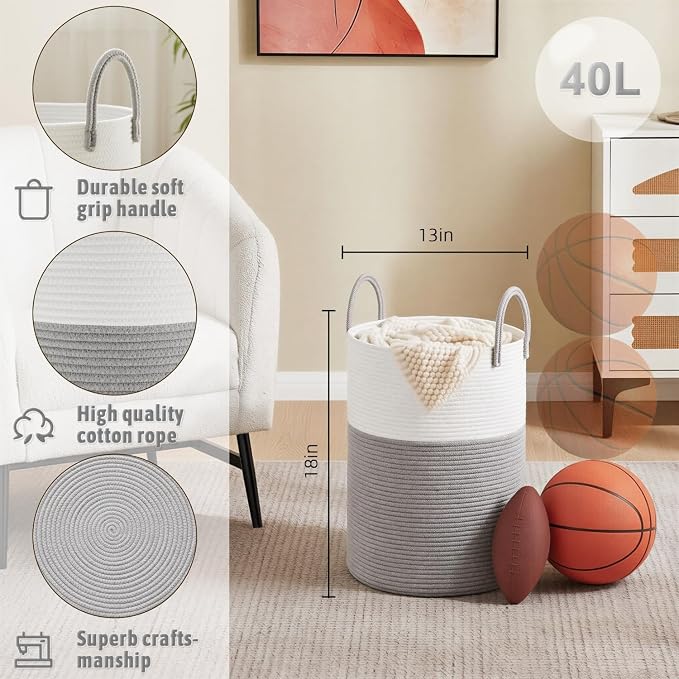Artfeel Laundry Basket,Woven Cotton Rope Laundry Hamper,40L for Decorative Storage of Dirty Clothes,Toys and Blankets in Bathroom,Baby Room and Living Room