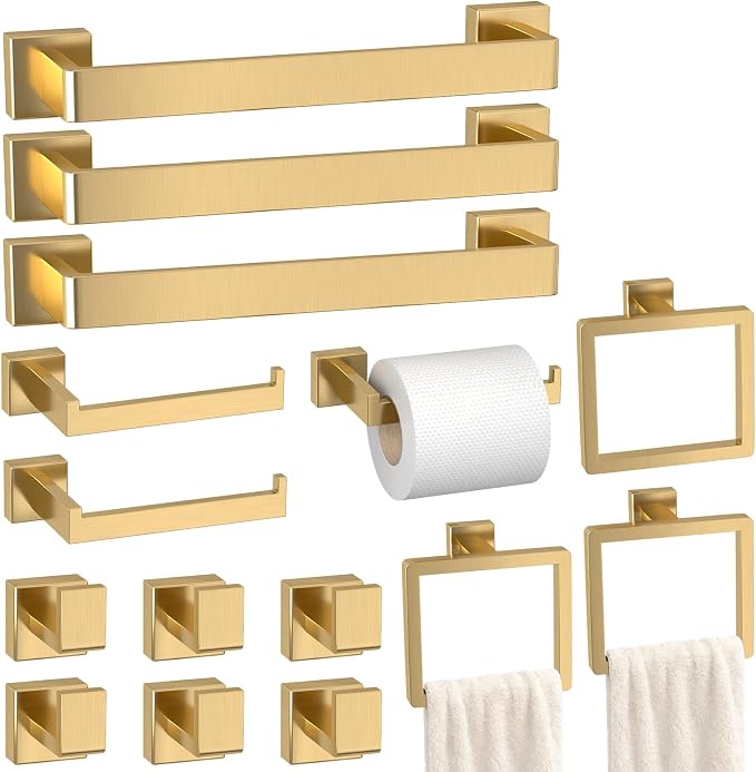 15-Pieces Gold Bathroom Accessories Set, 16 Inch Towel Bar Set | Stainless Steel, Towel Ring, Toilet Paper Holder, Robe Hooks, Towel Racks for Bathroom Wall Mounted, Bathroom Hardware Set