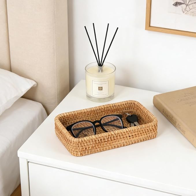 Small Rattan Serving Tray, Natural Wicker Decorative Tray (8.2" × 4.3") | Handwoven Tray for Trinket Ring Cosmetic, Rectangle Keys Basket Jewelry Perfume Trays for Coffee Table Entryway Living Room