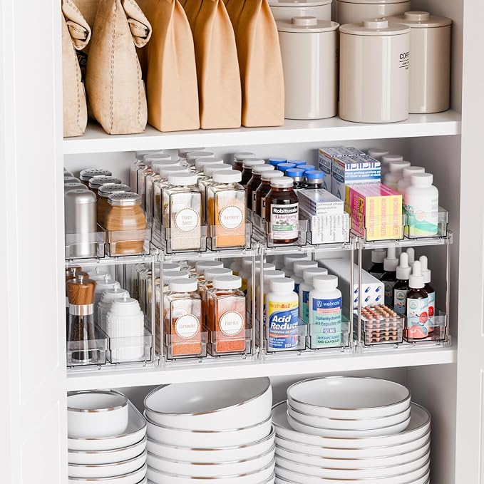 2 Tier Sliding Spice Racks for Cabinets,2 Pack 10.4'' Deep Narrow Vertical Spice Rack Pull Out for Inside Cabinets,Kitchen,Pantry,Cupboard Seasoning,Jar Organizer and Medicine Cabinet Storage
