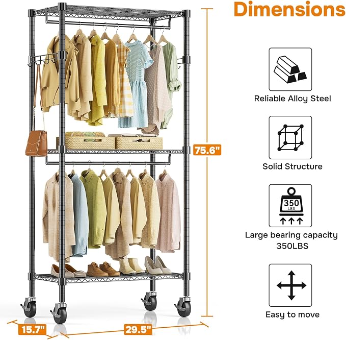 Simple Deluxe Rolling Clothes Rack, Heavy Duty Clothing Rack, 3-Shelf Portable Adjustable Wardrobe Closet with Wheels, Hanging Rods & Side Hooks, 29.5" W x 15.7" D x 75.6" H, Black