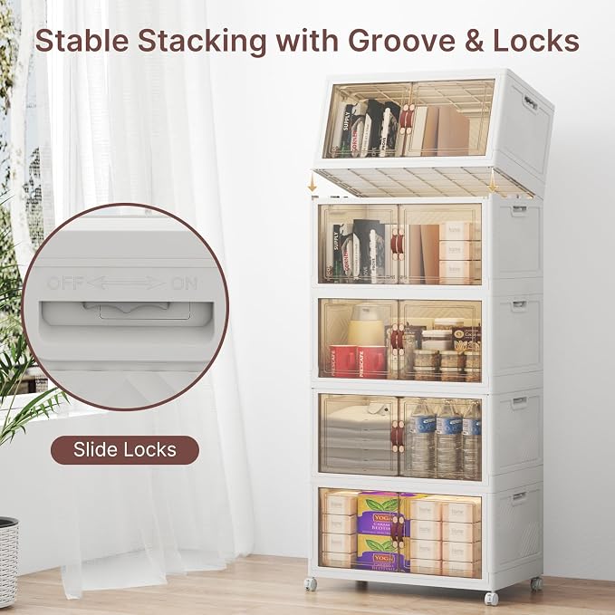 UAMFURI Stackable Storage Bins with Lids, 240QT Lockable Storage Cabinet | Closet Organizers, Foldable Storage Box with Doors and Wheels, Plastic Drawers for Home, Garage, Office (5, White, Medium)