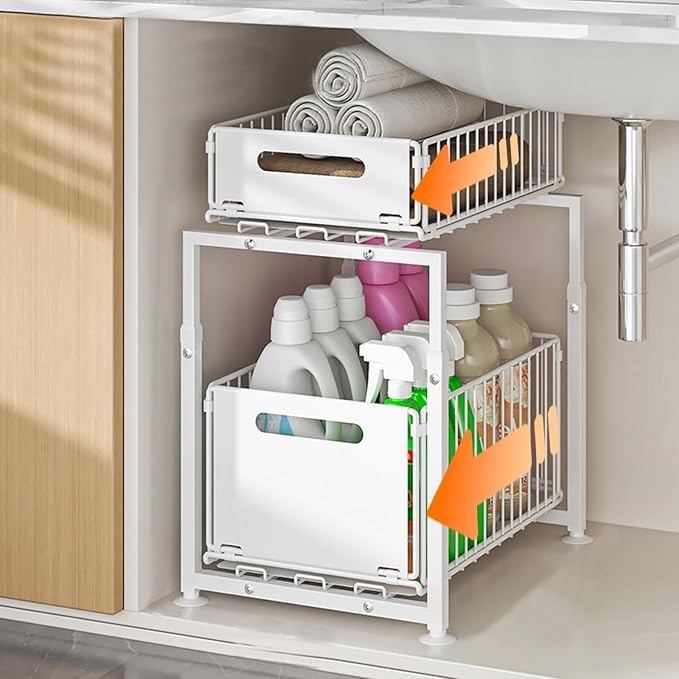 Under Sink Organizer, 2-Tier Multi-Use Kitchen and Bathroom Organizers and Storage, Slide Out Thickened Metal Under The Sink Organizer for Kitchen Bathroom Pantry (Style A White, 1 Pack)