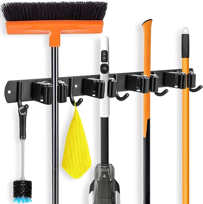 IMILLET Broom Holder Wall Mount, Heavy Duty Garage Organization Mop Hanger | Stainless Steel Broom and Mop Organizer Wall Hanging Self Adhesive for Laundry Room,Garden,Utility