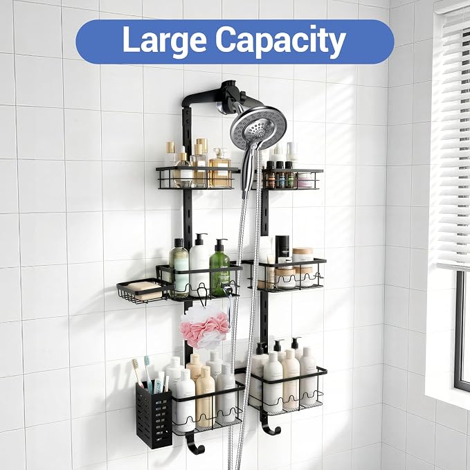 Extra Large Shower Caddy Hanging, Rust-Resistant Shower Organizer Hanging, 3 Tier Height-Adjustable Over the Head Caddy, Rack with Soap Basket (Black)