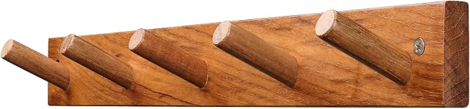 Teak Wall-Mounted Wooden Coat Hooks, Solid Teak 16 Inch Hole Spacing, Rustic Vintage Farmhouse All-Wood for Entryway, Mudroom, Bedroom, Bathroom, Boat Yacht Towels & Clothes 1 Pack