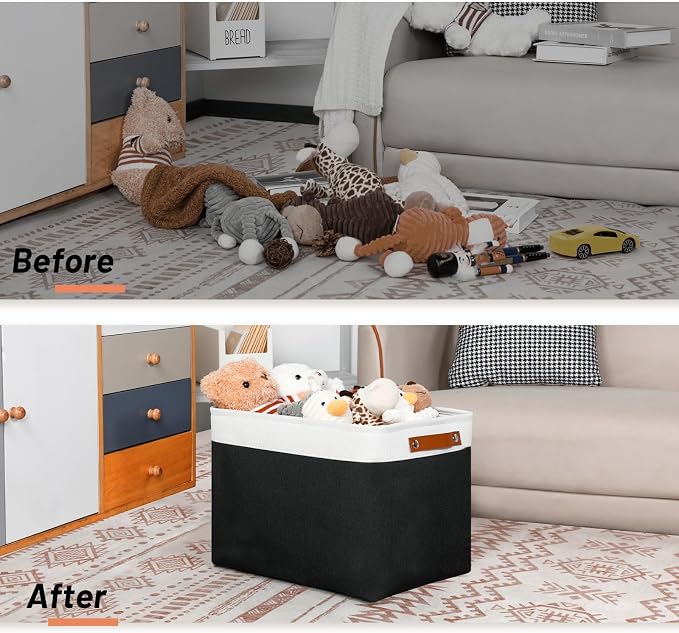 DULLEMELO Large Storage Baskets Fabric Storage Bins, Canvas Storage Basket for Shelf Toys, Decorative Large Storage Bins with Handle for Baby Gift(White&Black)