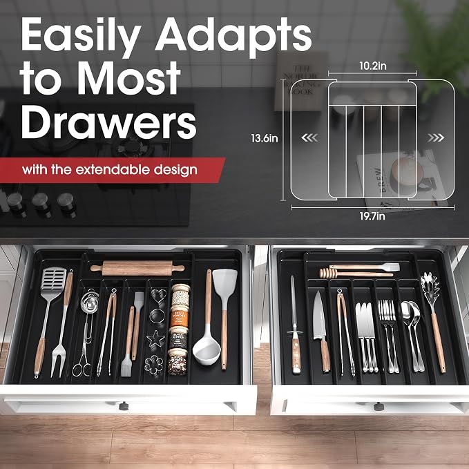 Aujen Silverware Drawer Organizer, Adjustable Utensil Cutlery Tray | Expandable Kitchen Organizer for Forks, Knives, Multipurpose Kitchen Storage , Apartment Essentials, Black, Large