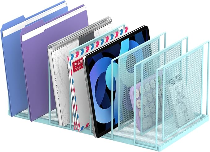 File Organizer for Desk, 7-Section Vertical File Sorter, Paper Holder Organizer Standing Metal File Folder for Office Home Classroom, Blue