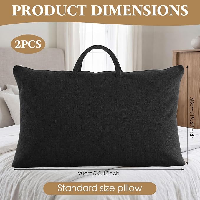 2 Pack Travel Pillow and Blanket Bags, 100% Cotton Canvas Pillow Storage Bag with Handles, Heavy Duty Breathable Organizer for Bedding Linens, Pillow Bag for Traveling(2,Black,20"x36")