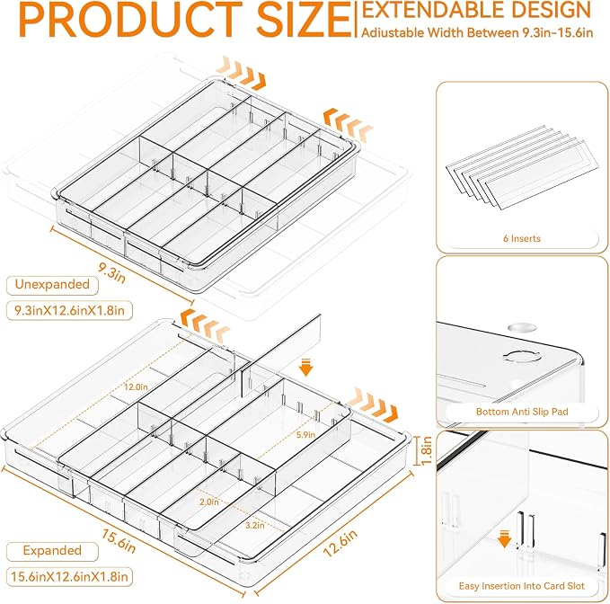 Yieach Expandable Desk Drawer Organizer Tray,1.8 Inch High Junk Drawer Organizer for Kitchen,Clear Shallow Office Drawer Organizers With 10 Compartments for Pencil,Pen,Office Supplies and Accessories