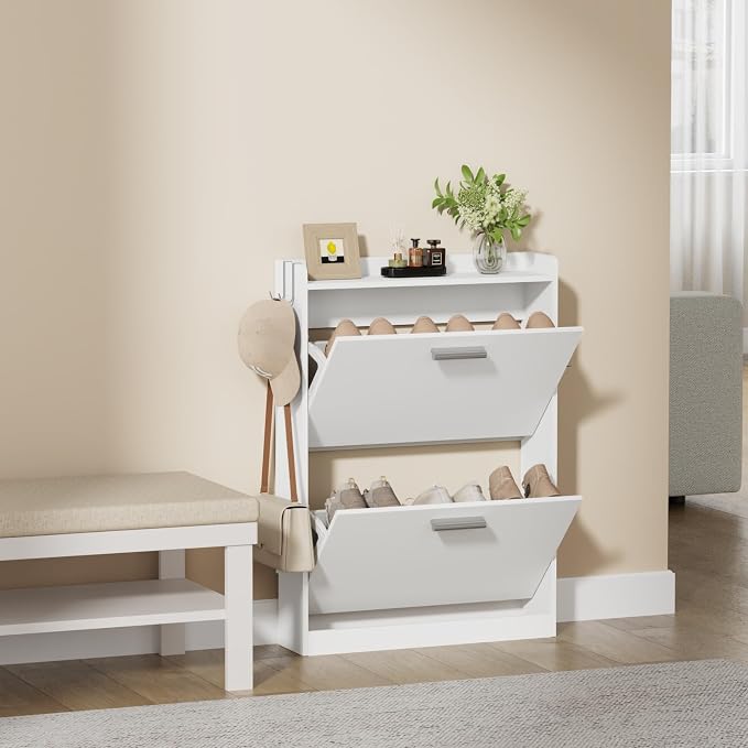 Slim Shoe Cabinet for Entryway with 2 Flip Drawers, 23.6" W White | Freestanding shoe storage cabinet for entryway,foyer and hallway,Narrow design and space-saving flip drawers