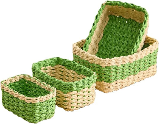4PCS Woven Storage Baskets Set, Small Baskets for Organizing, Square Handwoven Paper Rope Organizer Bins for Shelves and Home Storage (Natural & Green)