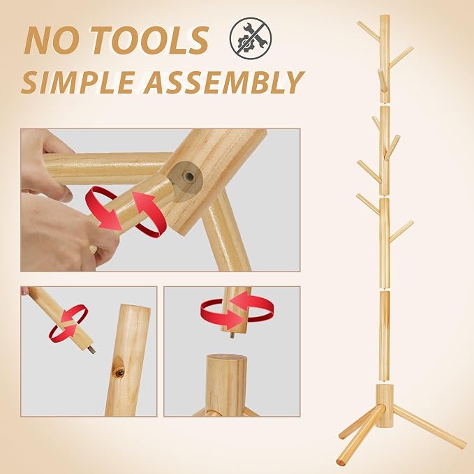 Unisakey 8-Hook Freestanding Wooden Coat Rack 3 Adjustable Heights Nature | Stable Triangular Base for Safety,Durable Construction,Simple Tool-Free Assembly,Ideal for Bedroom Hallway Office Entryway