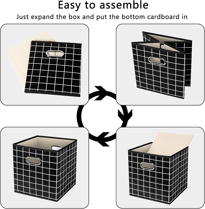 Yunkeeeper storage bins Cubes, Fabric Cube Organizer with Handle, Foldable Cube Bins for Cloth or Accessary Storage, 11x11x11, Set of 3,(Black grid)