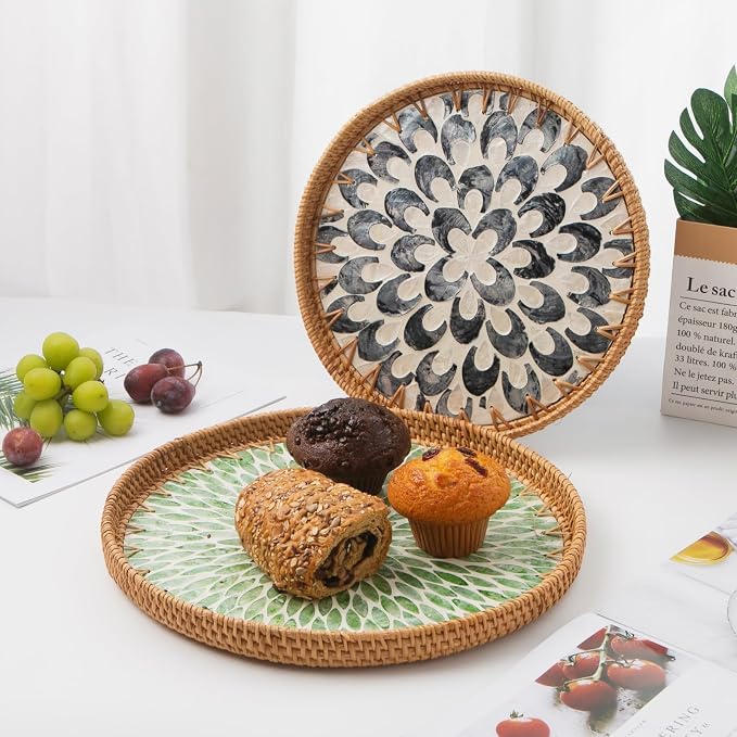 Round Rattan Tray with Mother of Pearl Inlay, Wooden Base | Coffee Table Serving Tray, Home Decorative Wicker Woven, for Outoor Patio Decor
