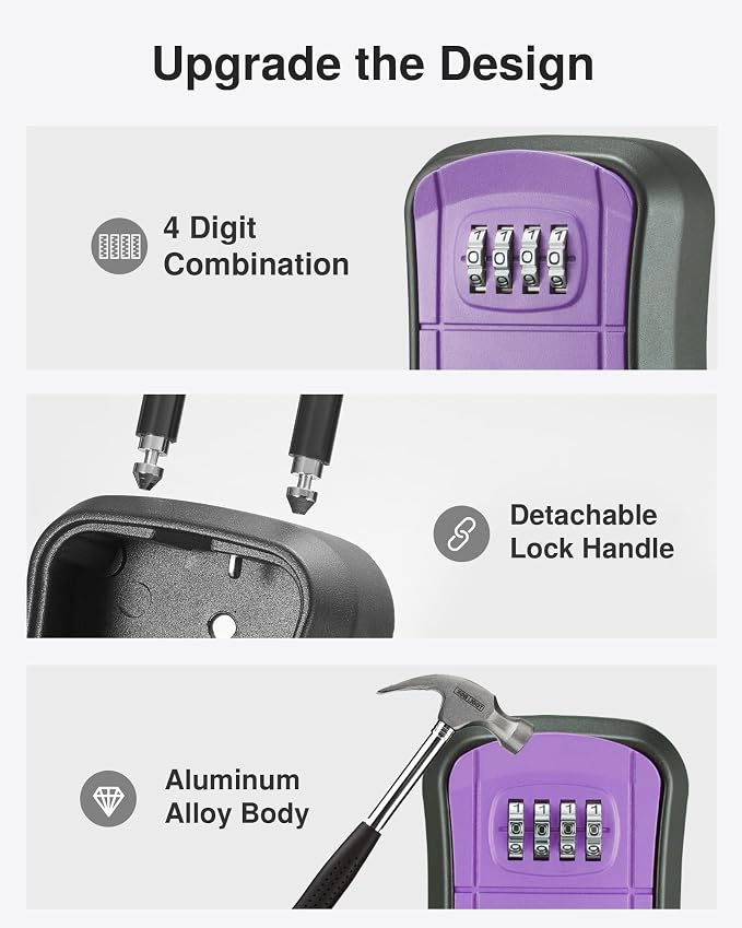 Puroma Key Lock Box, Portable Combination Lockbox Wall-Mounted Key Storage Box for House Keys, Resettable Code Safe Security Lock Box for Home, Office, Apartment Spare Key Storage (1 Pack, Purple)