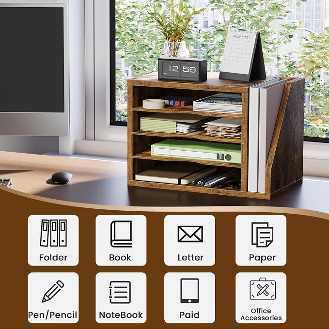 Wooden Mail Organizer, Desk Organizer with 3 Adjustable Shelves | Mail Sorter, File Organizer Desktop, Mail Holder for Home Office, Letter Sorter for Envelopes, Bills, Magazines, Rustic Brown
