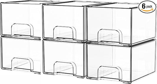 6 Pack Small Stackable Storage Drawers,4.4 Inch Tall Stacking Acrylic Clear Storage Bins for Bathroom Vanity,Undersink,Pull Out Drawer Organizers for Beauty,Makeup,Medicine Cabinet Organizers