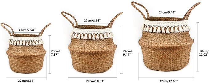 Boho Woven Seagrass Belly Basket for Storage Plant Basket or Toy Basket Living Bathroom (Large, Beige)