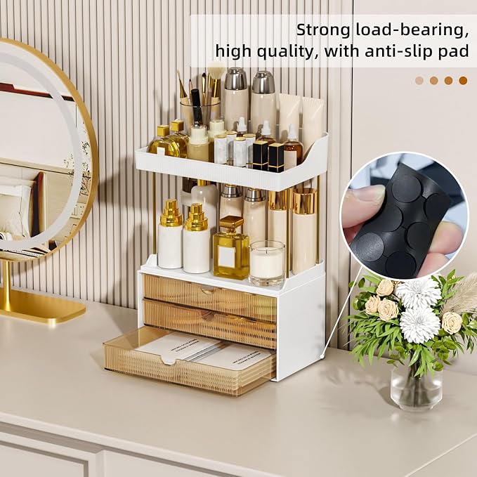 StorBin Arcylic 5-Tier Makeup & Skincare Organizer for Vanity, Bath | Smooth 3 drawers, clear body, gold frame, non-slip, for perfumes, serums, face masks, palettes, vanity & bath counter,Amber