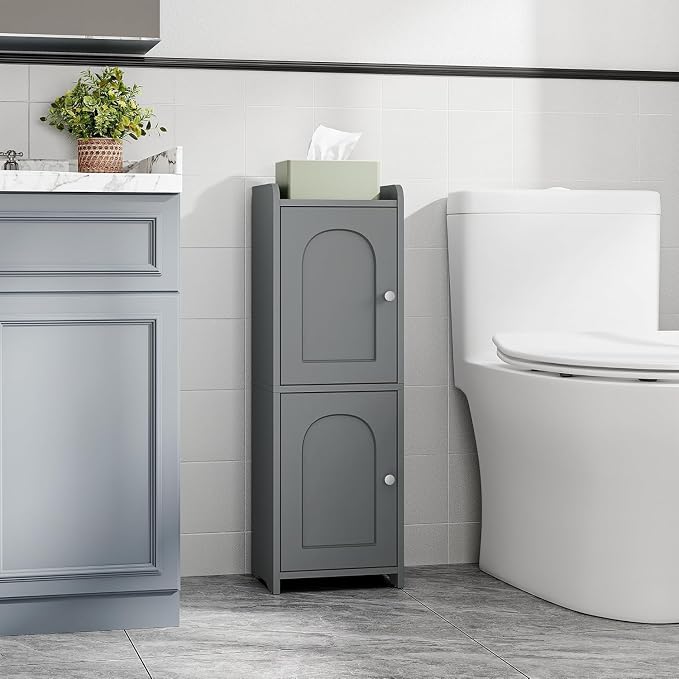Hzuaneri Bathroom Storage Cabinet, Small Corner Floor Cabinet with 2 Doors | Narrow Toilet Paper Cabinets with Adjustable Shelf, Bathroom Organizer for Small Spaces, 7.9" D x 9.8" W x 29.5" H Gray