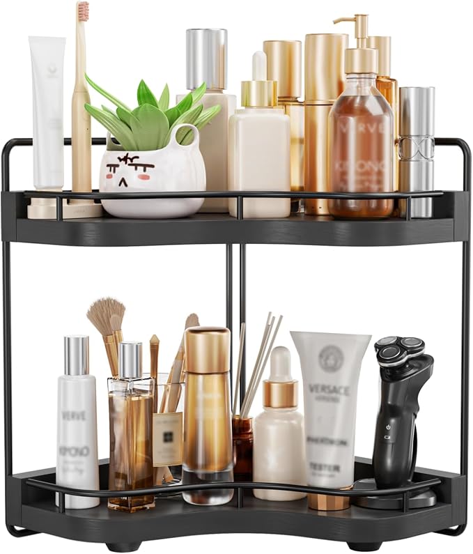 2-Tier Corner Bathroom Counter Organizer, Larger Size | Embedded Screw Holes, Sturdy & Stable, Oversized, Holds More, Vanity Shelf for Makeup & Skincare