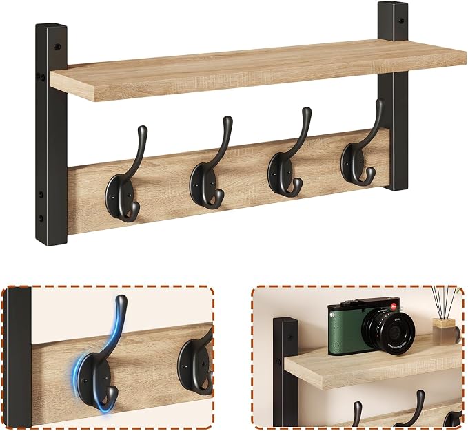 YMYNY Coat Rack Wall Mount with Shelf and Hooks, Light Natural HWS001R-2 | 2 Pack Wooden Wall Mounted Coat Hanger with Shelf and 8 Double Hooks, Wall Coat Rack for Entryway Hallway Bedroom Bathroom