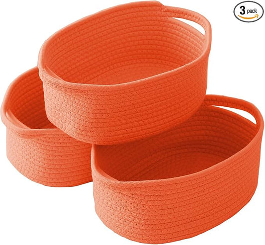 JMvicyroam Small Woven Basket, Empty Gift Basket, Orange/3 Pack | Small Gift Basket, Cotton Rope, 12 x 8 x 17 in, Handles, Includes Ribbon and Bag, Birthday Gift Basket