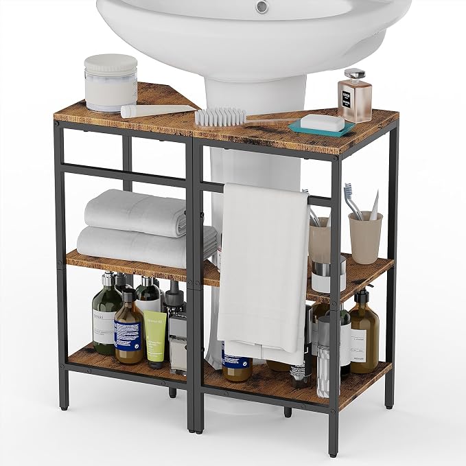 CADUKE Pedestal Sink Storage, 2 Pack Under Sink Organizer Shelf Bathroom Under Vanity Storage Shelf for Small Space, Bathroom Organizers Rack Stand 3 Tier Wooden Corner Shelves, Rustic Brown