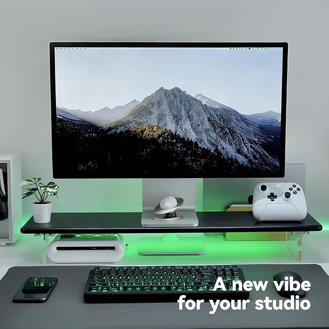 Bamboo Monitor Stand, Desk Shelf with Acrylic Legs and RGB Lights | 31.5-Inch Wide, 3.3-Inch Clearance, Fits Monitor, Laptop, Printer and Speakers for Small Desks