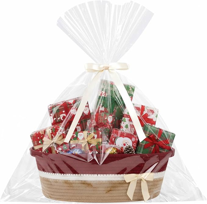 Colingmill 1 Set Woven Empty Basket for Gift,Brick Red Khaki | with Cellophane Wrap Set, 14 x 10 x 5.5 Inch, Medium Decorative Gift Basket, Cotton Rope Storage Box, Home Decor