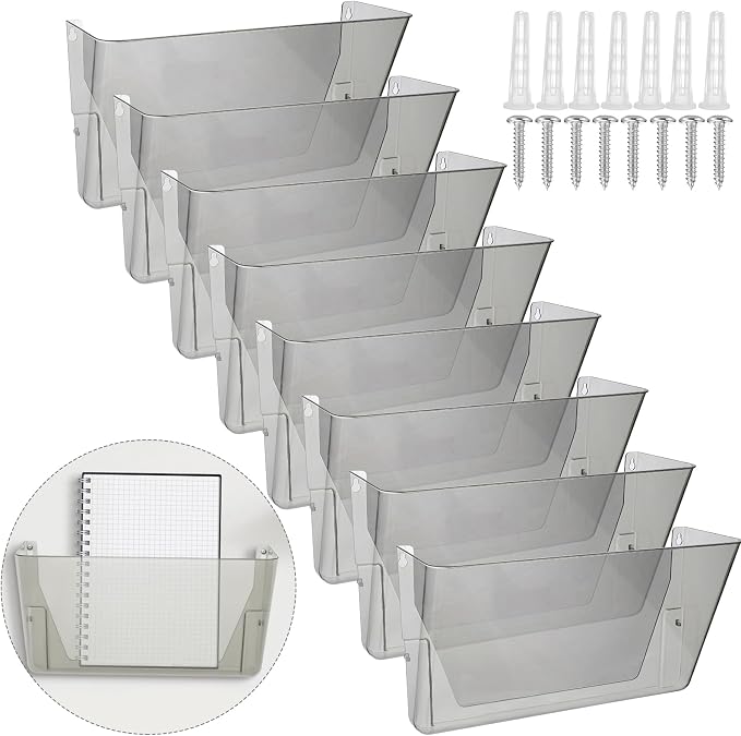 Colarr 8 Pcs Wall File Holder Organizer Plastic Wall Mount Mail Organizer with Screws Single Pocket Hanging Folder Paper Magazine Holder for Walls Office Home Classroom(Gray)