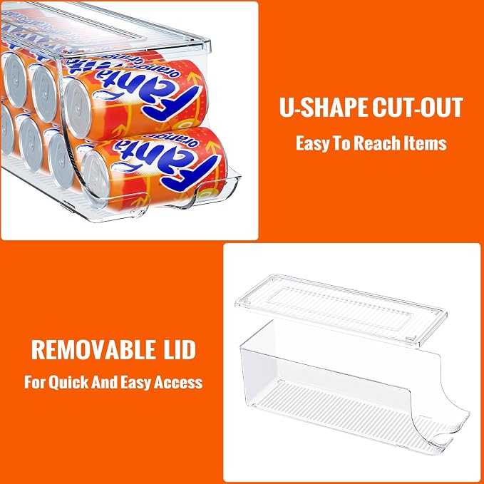 SCAVATA 4 Pack Soda Can Organizer for Refrigerator, Stackable Canned Food Pop Cans Container Can Holder Dispenser with Lid for Fridge Rack Freezer, Clear Storage Bins-Holds 12 Cans Each (Transparent)