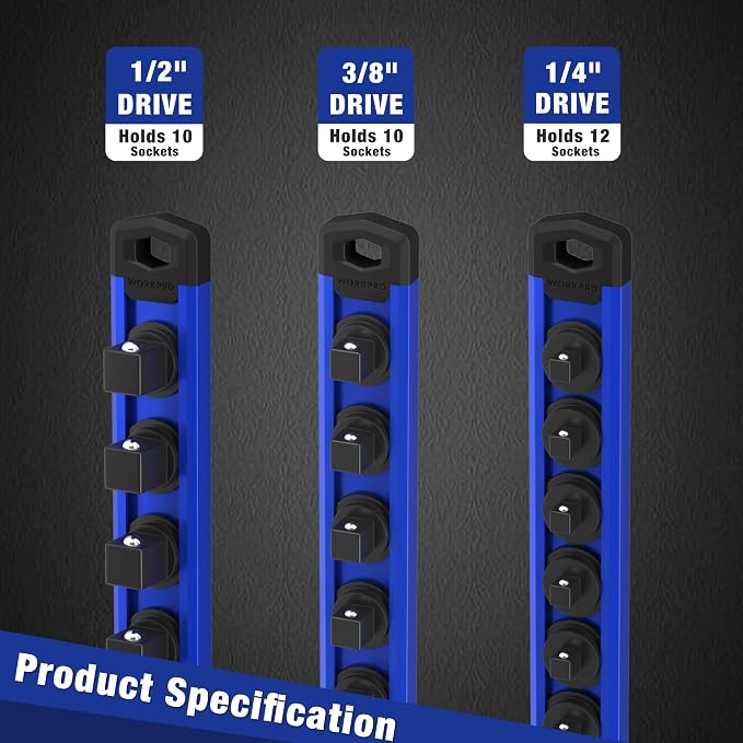 WORKPRO Magnetic Socket Organizer, Heavy Duty 3/8-Inch Drive Socket Rail | 1 Piece Socket Holder with 10 Spots, Aluminum Alloy, Rotatable & Movable Clips, Efficient Organization