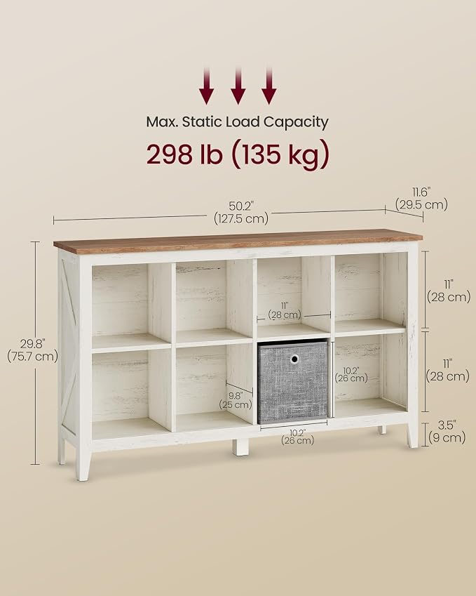 VASAGLE Liry Collection Farmhouse Bookcase, 8-Cube Storage Organizer with Legs, Adjustable Shelves, 50.2 x 11.6 x 29.8 inch, for Home Office, Living Room, Cloud White and Warm Brown ULBC138W101S