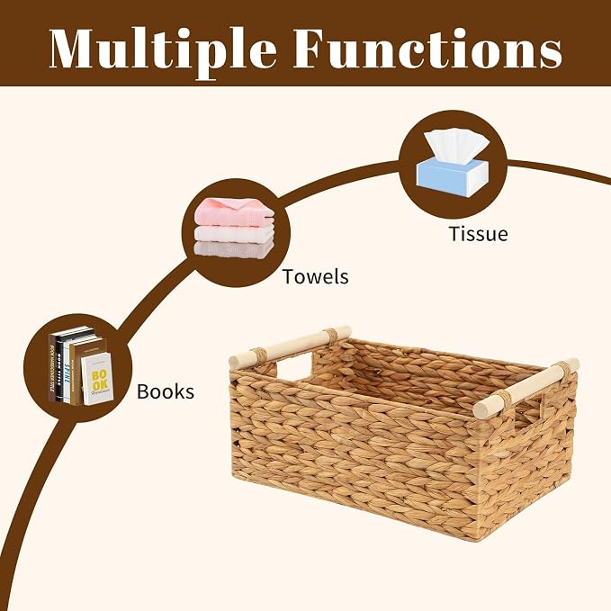 Wicker Storage Basket, Woven Shelf Organizer, 15.5x10.8x6.2 Inch | 15.5x10.8x6.2" natural wicker basket with handles; rectangular shelf organizer for kitchen, bathroom and living spaces.