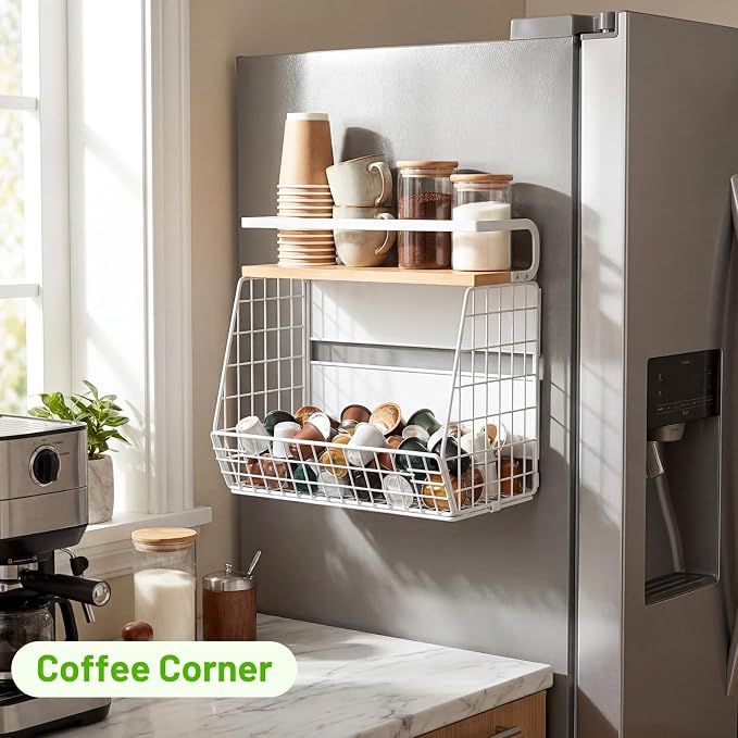 Magnetic Fridge Shelf with Wood Lid, Fruit Potato Onion Storage Bins, Pantry Organizers, Large Container Spice Rack for Refrigerator, Kitchen Counter, Cabinet (2, White)