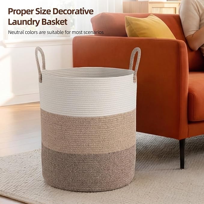 OIAHOMY Large Laundry Basket Hamper - 60L Cotton Rope Woven Basket for Blankets, Toys, Clothes - Tall Decorative Nursery Hamper with Long Handles, Gradient Brown