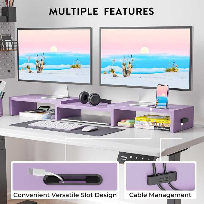 BONTEC Dual Monitor Stand Riser, Adjustable Length & Swivel Angle, Purple | Ergonomic Wooden Desktop Organizer with Smartphone Holder, Computer Monitor Stand for PC, Laptop, Printer and Large Storage