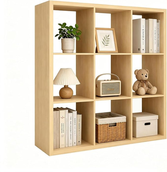 CTESNE【Wooden Thick Frame 9 Cube Storage Organizer Shelf with Anti-Tipping Kits + Reversible Open Back Bookcase, Horizontal and Vertical Dual-use Standing Bookshelf（Oak,13inch）