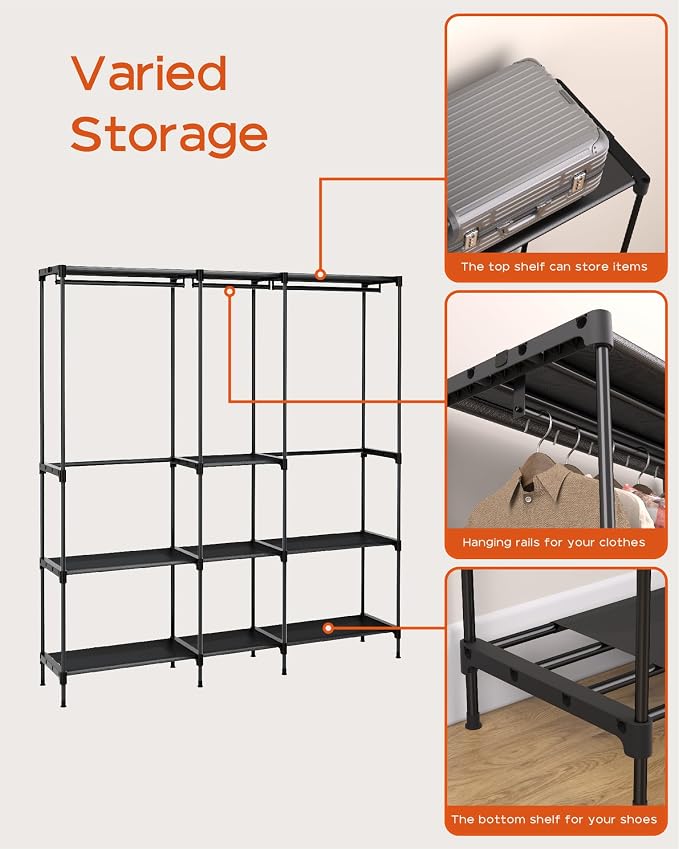 CASAMAYA Clothes Rack, Portable Closet, 71.7 Inch Large Capacity Wardrobe Closet, Clothes Storage Organizer with Shelves and 3 Hanging Rods, Easy to Assembly, Black PCT035B01