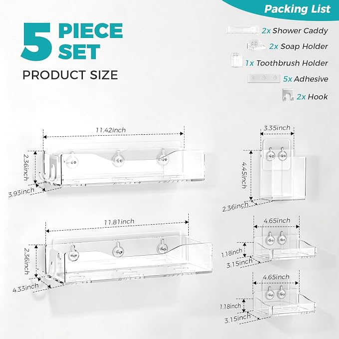 Rust-proof Shower Shelves, Bathroom Storage Organizer Shower Caddy (Clear 5-Pack)