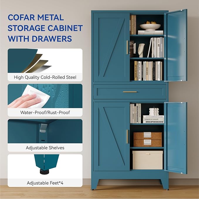 COFaR 71 in Tall Kitchen Pantry Cabinet with Drawer, Metal Pantry Storage Cabinet with 4 Adjustable Shelves and 4 Barn Doors, Freestanding Farmhouse Food Cupboard for Dining Room, Peacock Blue 6-Tier