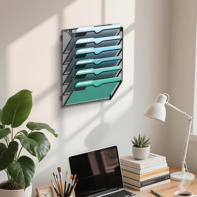 SUPEASY 6-Tier Wall File Organizer, Wall Mounted Mail Sorter, 2 Pack | Metal Mesh Hanging File Organizer with Open Compartments and Label Panels for Papers and Folders at Home, Office or School